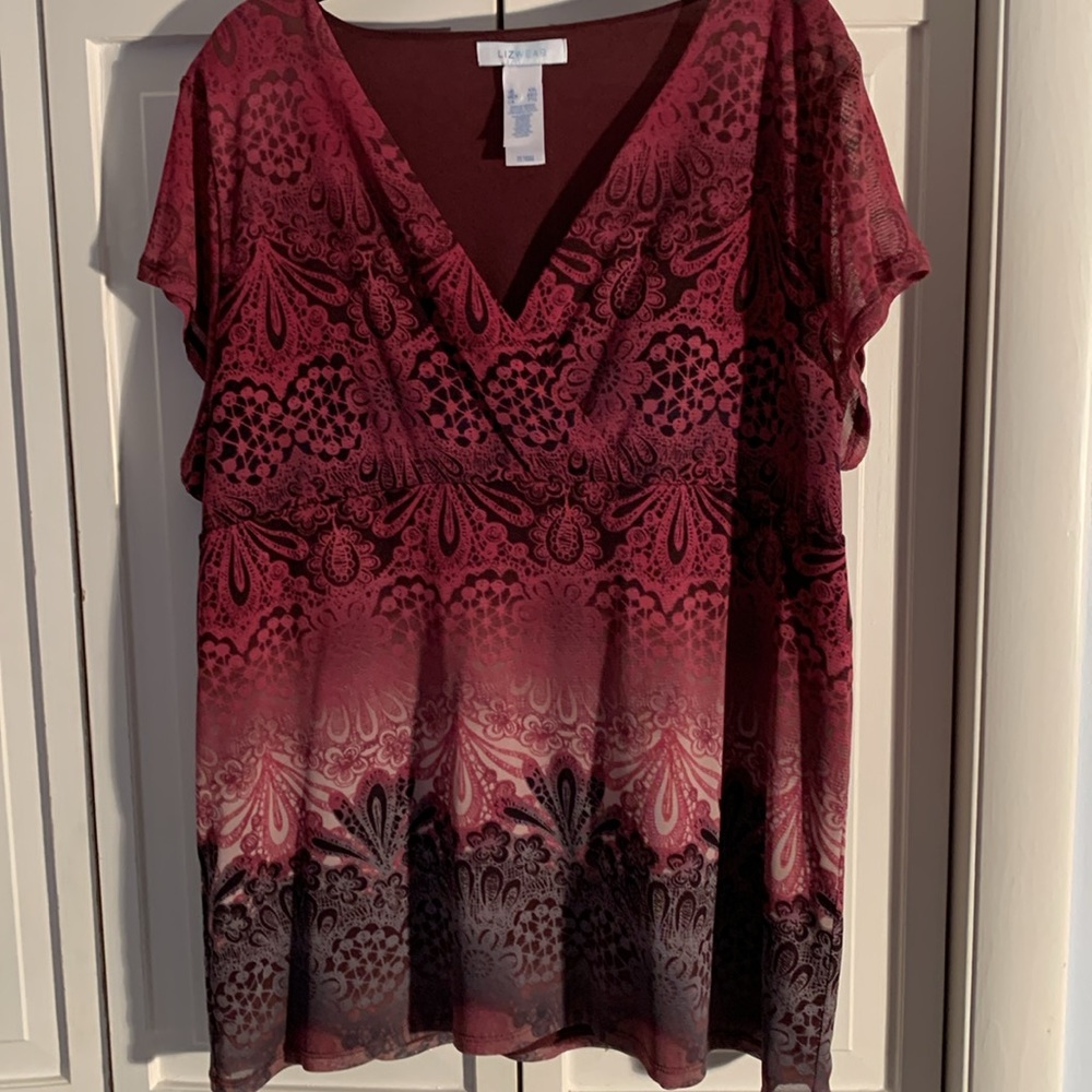 Lizwear XXL Multi-colored Relaxed V-neck Short Sleeve Blouse